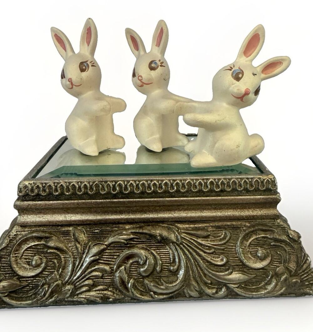 Ceramic Hand Painted Vintage Set 3 White Easter Rabbit Mold Figures 3”